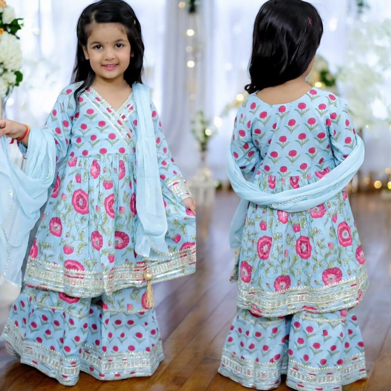 Blue Floral Sharara - Zaree Kids