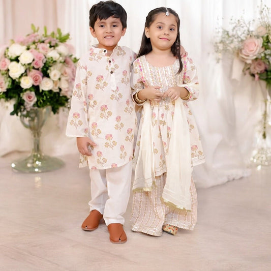 Boys and Girls White Floral Suit - Zaree Kids