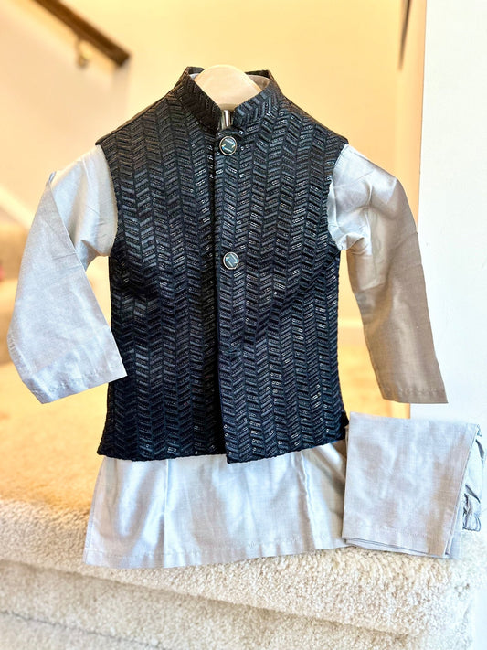 Grey Kurta Suit with Black Waistcoast - Zaree Kids