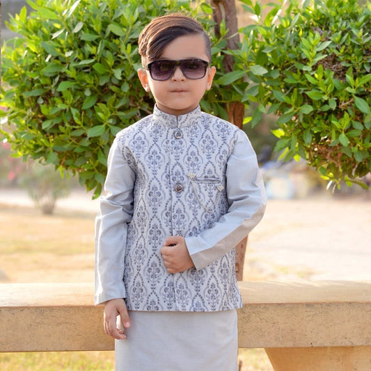 Light Grey Kurta Pajamas with Waistcoast - Zaree Kids